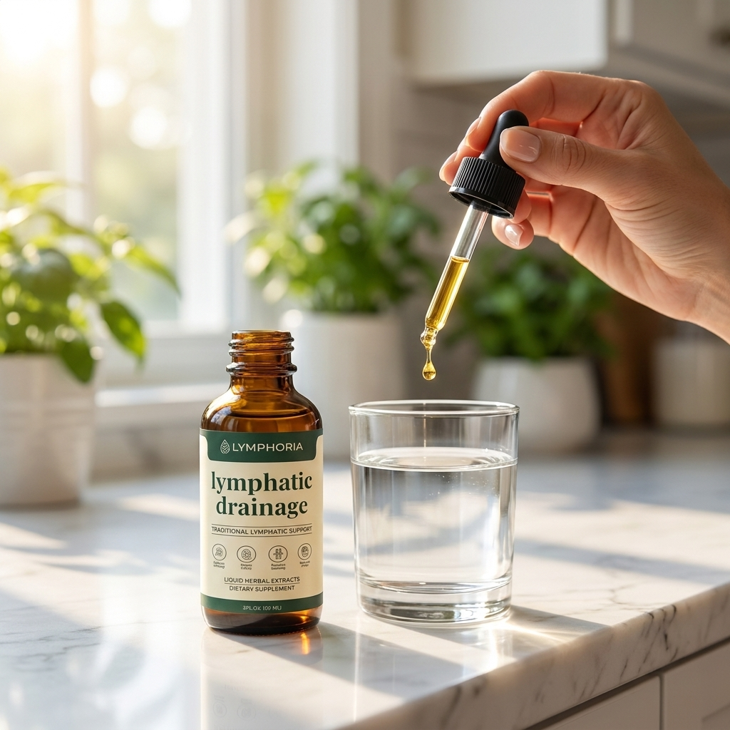 Adding one dropper of Lymphoria Drops to a morning glass of water
